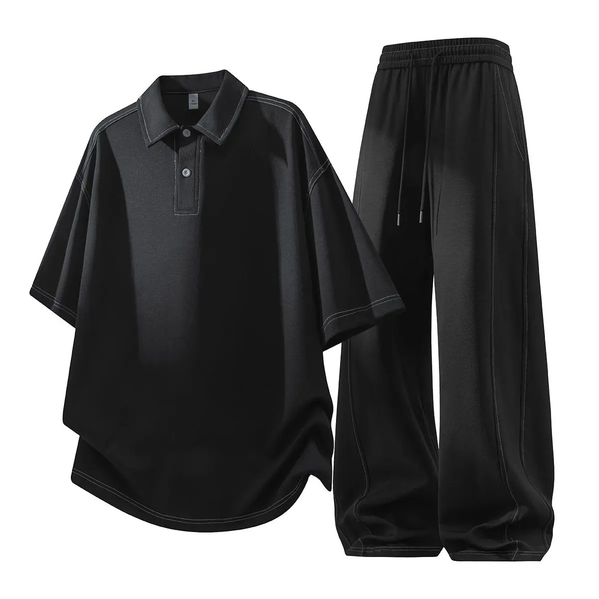 Men's 2-Piece Polo Tracksuit, Chic Synthetic Set with Contrast Stitching and Elastic Waist Drawstring Pants, Sporty Chic, Daily Wear, Basic, Two-Pieces