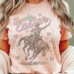 Vintage Western Easter Tees Howdy Easter Cowboy Tshirt Rodeo Bunny Cowboy Easter T-Shirt Country Cowgirl Howdy Top Easter Cowgirl Tee Unisex Sublimation Crewneck Top
