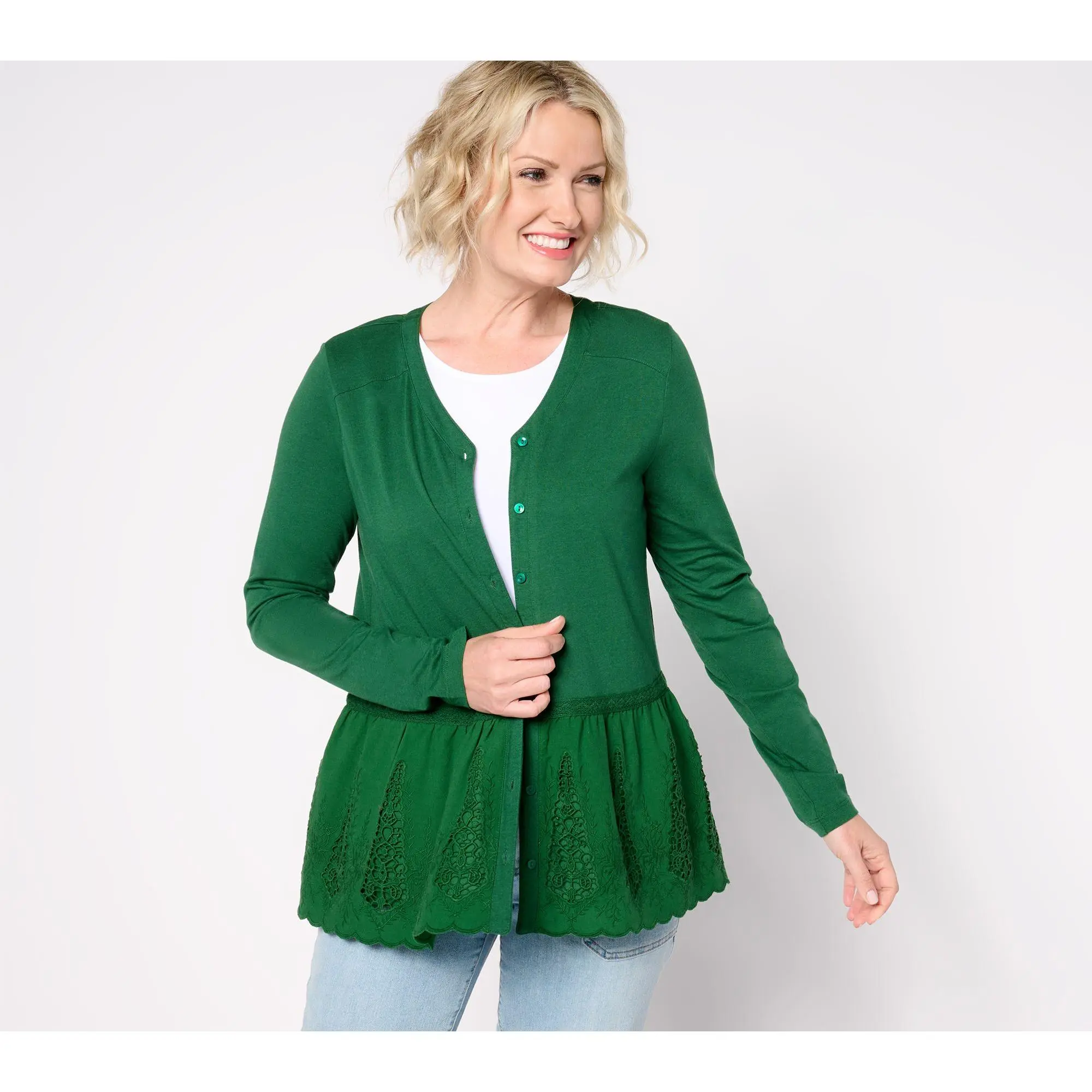 LOGO Lavish by Lori Goldstein V-Neck Cardigan w/ Eyelet Peplum