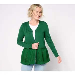 LOGO Lavish by Lori Goldstein V-Neck Cardigan w/ Eyelet Peplum