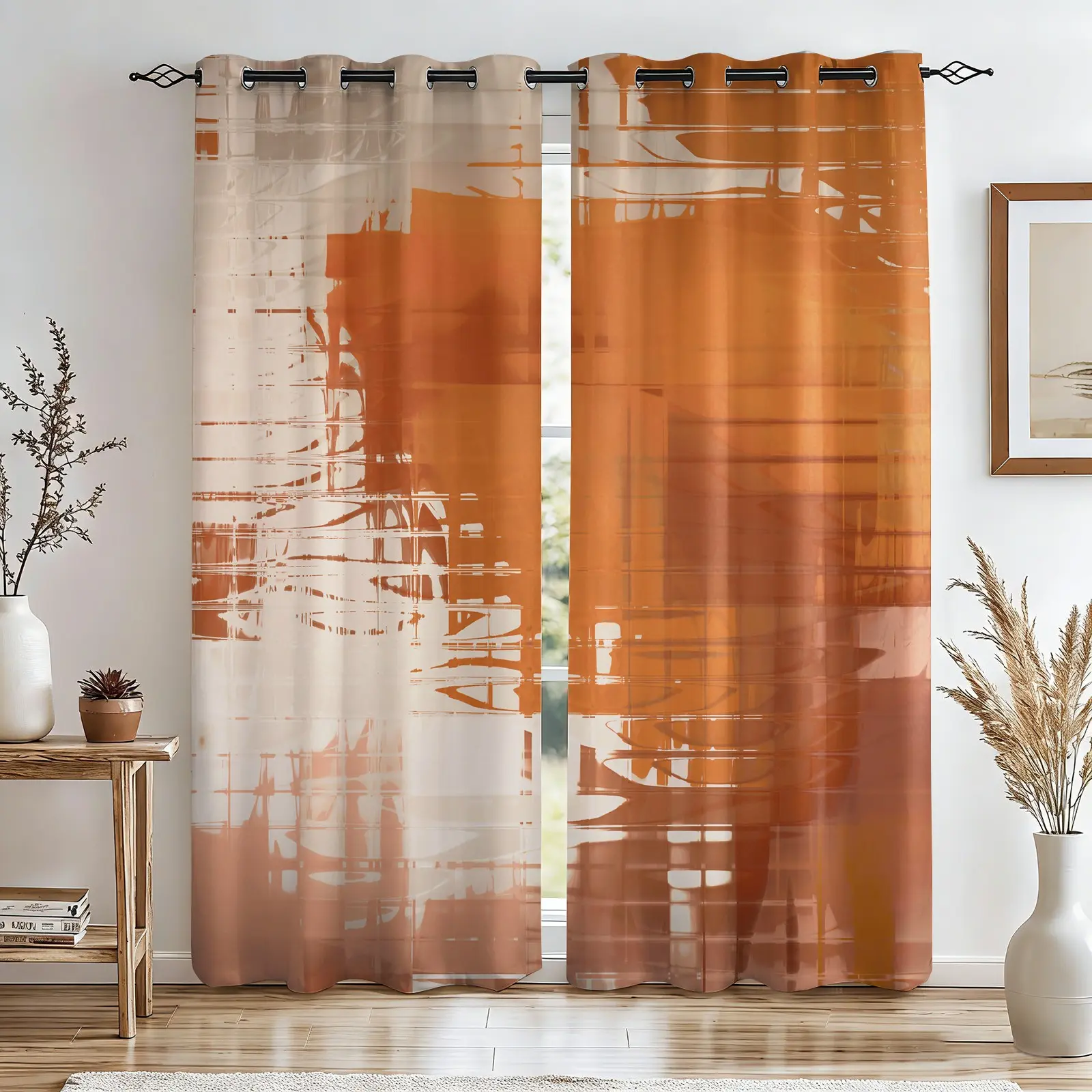 2 Panels Orange Abstract Brush Stroke Curtains, 80%-90% Light Blocking Printed Curtains, Modern Art Darkening Curtains, Boho Aesthetic Decoration Curtains for Bedroom & Dorm