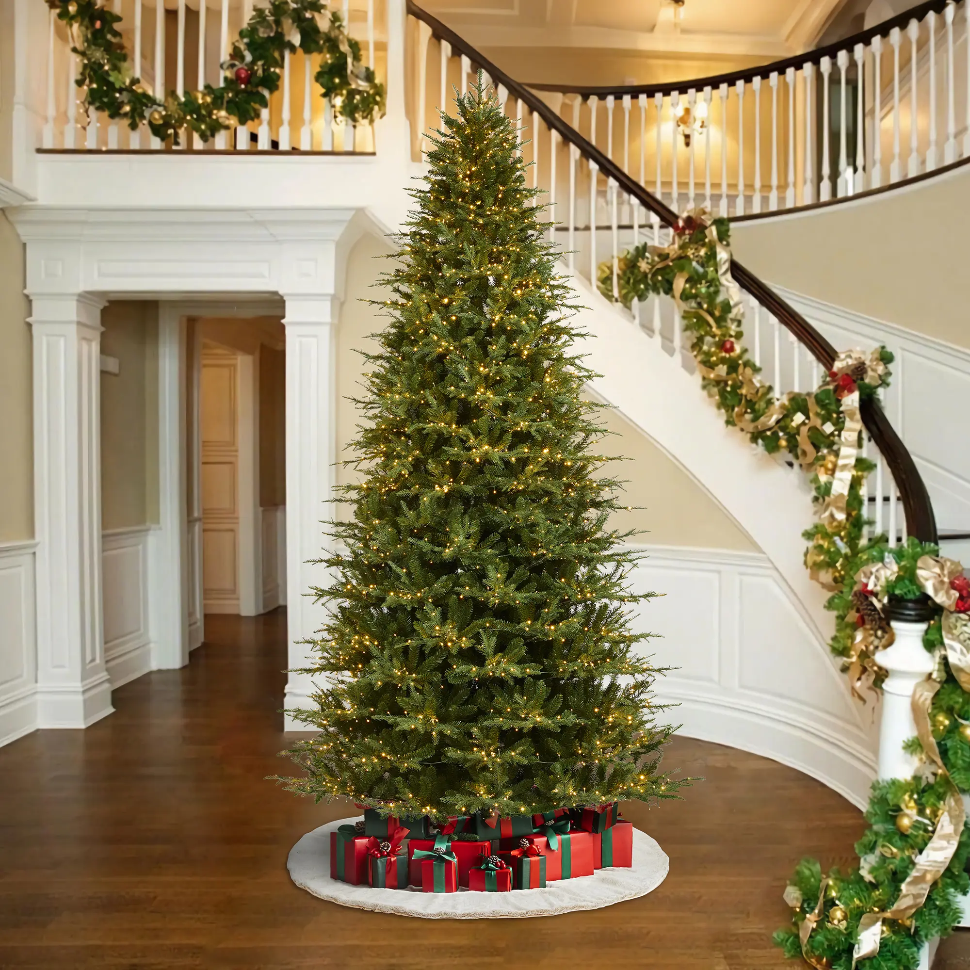 【Christmas in July】 Glitzhome 6ft/7.5ft/9ft/11ft Pre-Lit Green Full Fir Artificial Christmas Tree, with Warm White & Multi-Color Flashing LED Lights, 9 Function,Remote Control & Foot Pedal