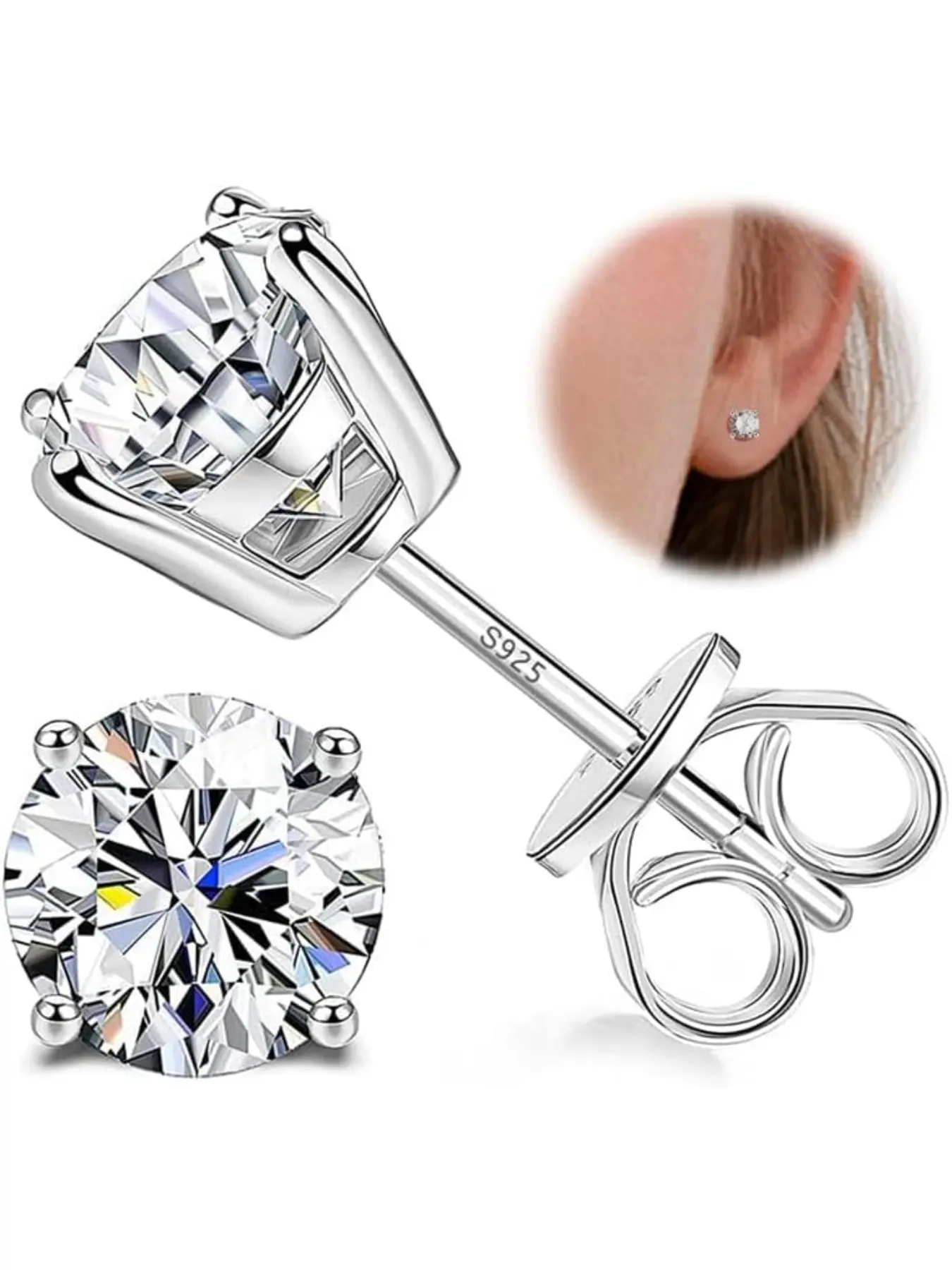 Sterling Silver Cubic Zirconia Stud Earrings Jewelry for Women Men 14k White Gold Plated Round CZ Earrings for Sensitive Ear Studs Earrings (4MM (0.5CT), SILVER)