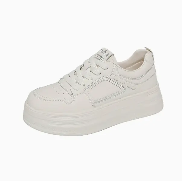 Trendy layered platform athletic shoes with neat contrast stitching, solid white design elevates casual street outfits for daily commuting and weekend hangouts