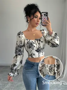 Fashionable Women's Square Neck Floral Printed Flounce Sleeve Slim Cropped Woven Blouse Shirt, Unique Crop Top for Casual & Formal Occasions, Stylish Ladies' Apparel