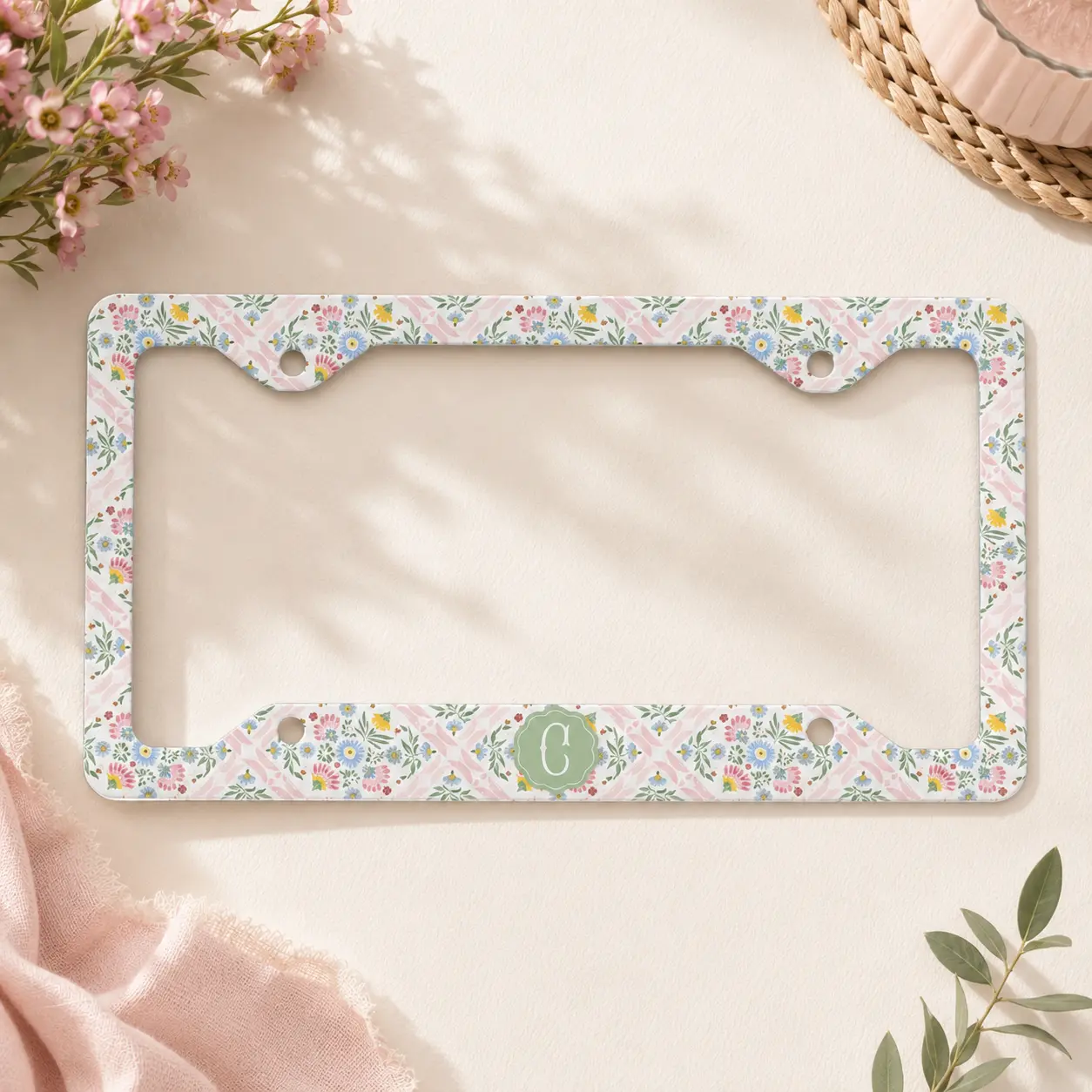 Personalized Floral License Plate Frame, Preppy Monogram Car Frame, Custom Name Auto Accessory, Cute Botanical Gift for Her
