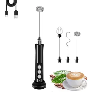 Rechargeable Handheld Milk Frother with 3 Detachable Stainless Steel Whisks 3 Speed Adjustable Electric Foam Maker Drink Mixer for Coffee with Storage and Charging Base