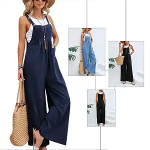2025 Women's Casual Pants Solid Color Women's Overalls Plus Size Summer Outfit Casual Adjustable Denim Overalls Leg Jumpsuit