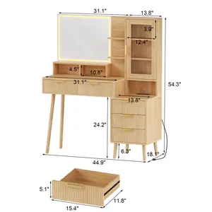 Elegant Fluted Vanity Desk with LED Light Mirror & Power Outlet, Glass Top Makeup Vanity with 5 Drawers & Storage Shelf, Bedroom Dressing Table for Girls Women