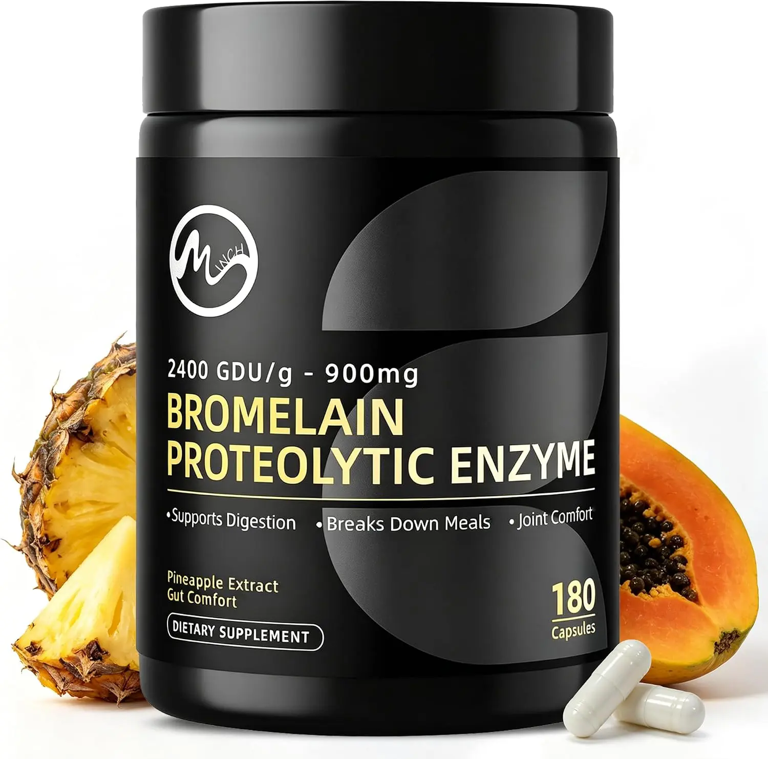 M inch Bromelain 900mg, 2400 GDU/g Pineapple Enzyme, High Potency Digestive Enzyme & Joint Comfort Supplement, Proteolytic Enzyme for Digestion, Gluten Free, 90 Servings