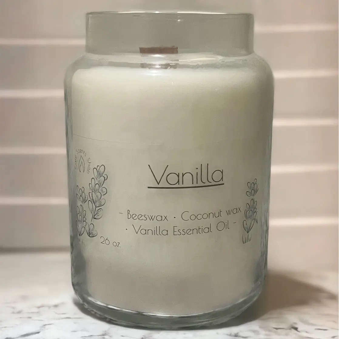 Vanilla 26 oz. Coconut Wax, Beeswax, Vanilla Essential Oil Wooden Wick Candle