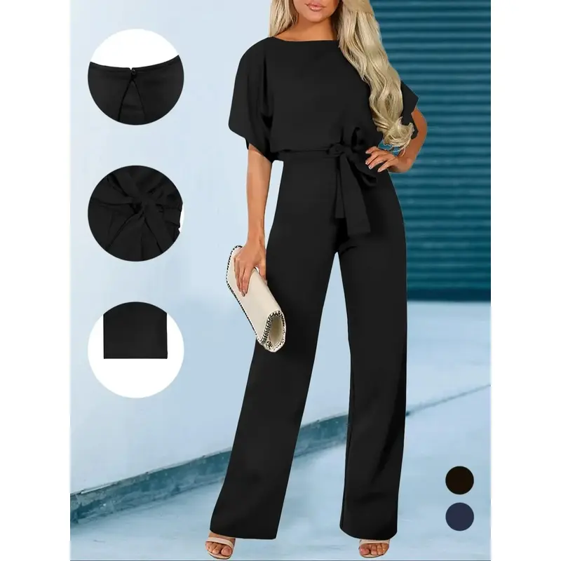 2026  Women's Plain Cut Out Tie Front Batwing Sleeve Fitted Jumpsuit, Casual Simple Minimalist Short Sleeve Straight Leg Jumpsuit, Chic Fashion Style Women's Jumpsuit Daily Wear, Casual , Womenswear