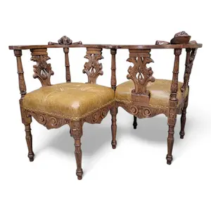 Antique Italian Renaissance Revival Ornate Carved Figural Tufted Tete-a-Tete Bench Newly Upholstered in Leather