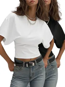 Women's Round Neck Slim Fit Vintage Style T-Shirt Set, Elegant Daily Wear, American Retro Commuter, Two-Piece Set