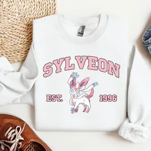 Sylveon PKM Est 1996 Sweetshirt, Sylveon Sweatshirt Pkm Characters Anime Shirt Est 1996 White Long Sleeve Top For Women