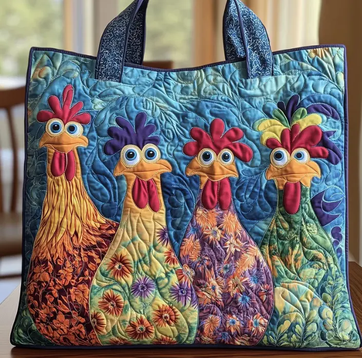 Women Quilted Tote Bag, Colorful Rooster Floral Patchwork Print Shoulder Handbag, Large Capacity Farm Animal Shopping Bag, Whimsical Folk Art Chicken Tote Purse for Daily Grocery Travel