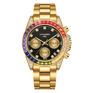 VEADONS Men's Business Fashion Rhinestone Decorated AnalogQuartz Watch Rainbow Crystal Chronograph Quartz Movement Luminous Date WaterResistant for Party Daily Wear Birthday Gift with Box