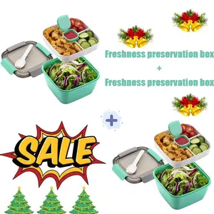 Salad Bowl Lunch Container 52oz Large Capacity 3 Removable Compartments Leak Proof BPA Free Reusable with Fork Sauce Cup for Meal Prep School Picnic Camping