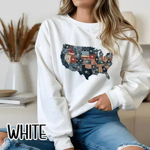 Patchwork American Flag Sweatshirt • USA Denim Map Crewneck • Patriotic Vintage Stars Graphic