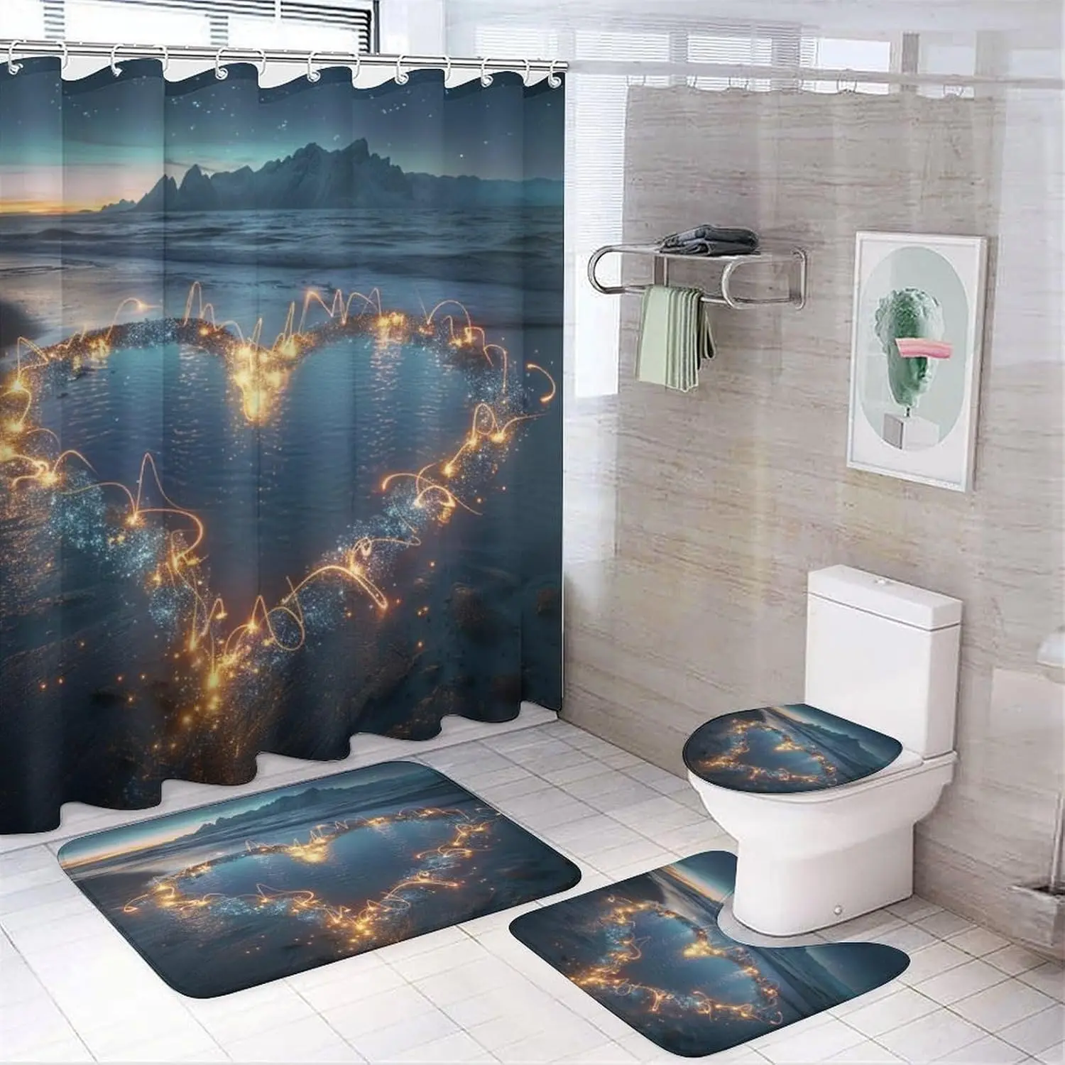 4pcs Watercolor Heart Design Shower Curtain Set, Abstract Nautical Glitter Non-Slip Rugs, Toilet Lid Cover, Bath Mat, and Bathroom Curtain, Polyester, All-Season, Water-Resistant, Grommet Top, Unlined - Fashionable Valentine'S Day Decor