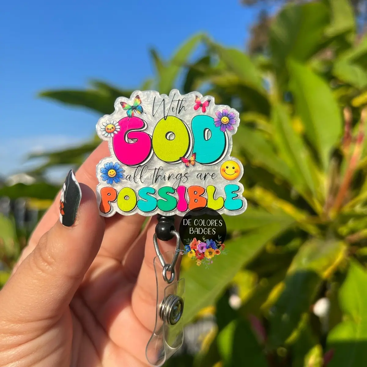 God with all things are possible badge, love like Jesus badge, I have no idea what I’m doing badge, cross badge reel, full moon badge