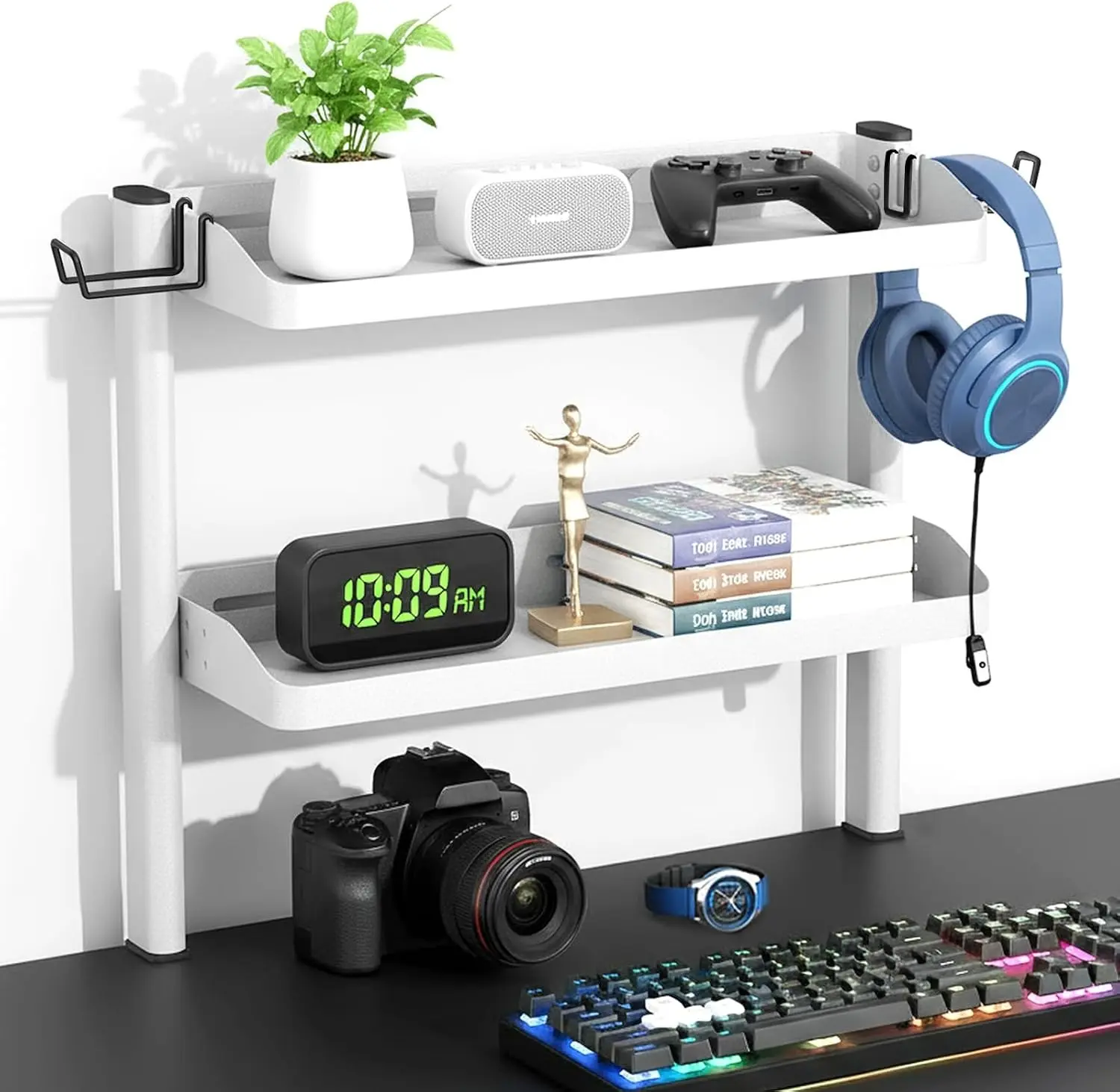 White 2-Tier Clamp on Desk Shelf Organizer, 17in Small Desktop Storage Rack with Headphone Holder Hooks for Home Workspace, Study Room Gaming Accessories