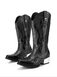 Western Style Mid-Calf Boots Animal Print Flame Design Embroidered Skull Silver Color Square Thick Heel Slip-On Shoes