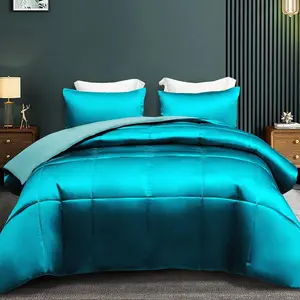 3-Queen Size Silky Comforter Set/Set, Satin Comforter with 2 Satin Pillowcases, Lightweight Duvet Set for Seasons, Turquoise
