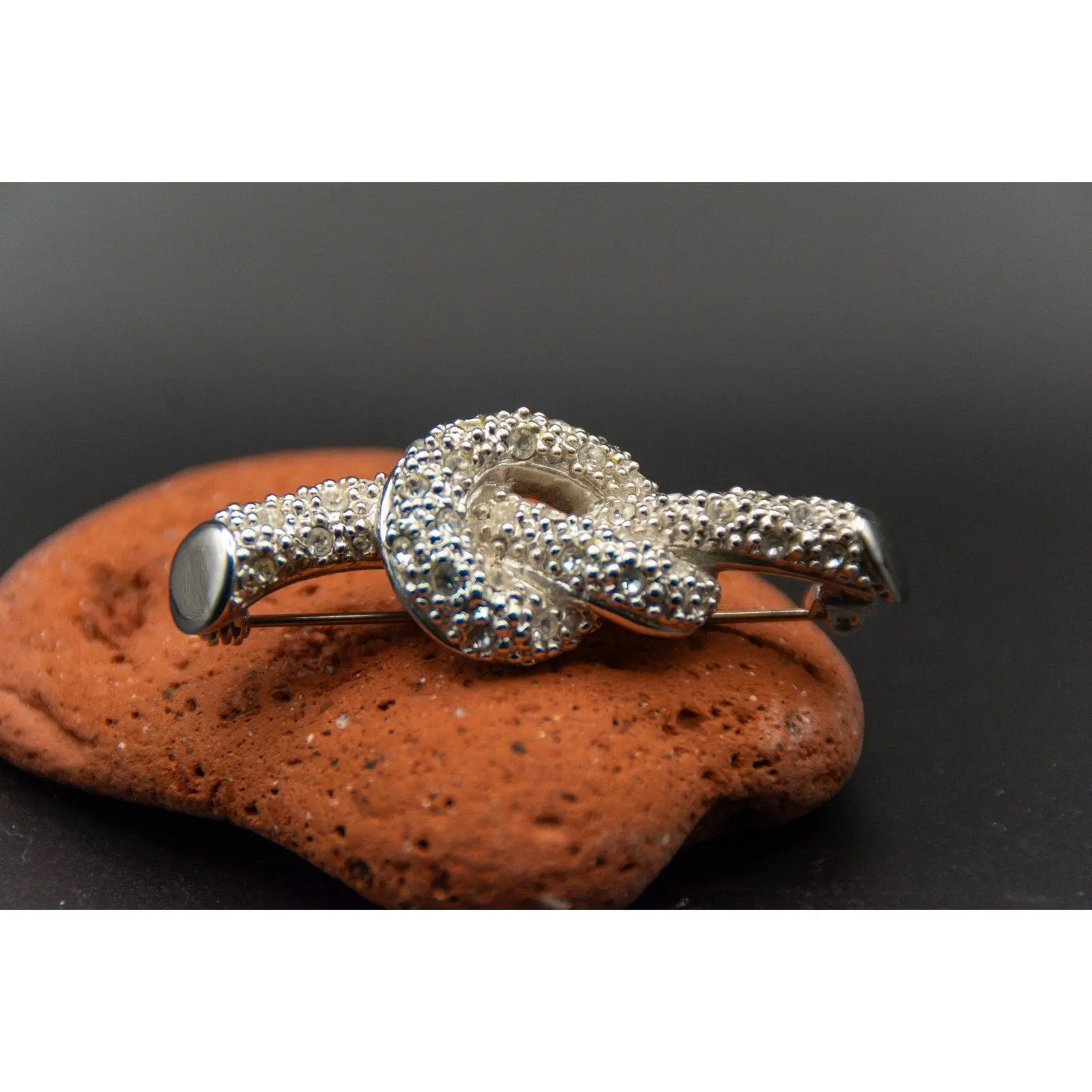 Vintage 80s Silver Tone Pave Rhinestone Oval Knot Brooch Pin
