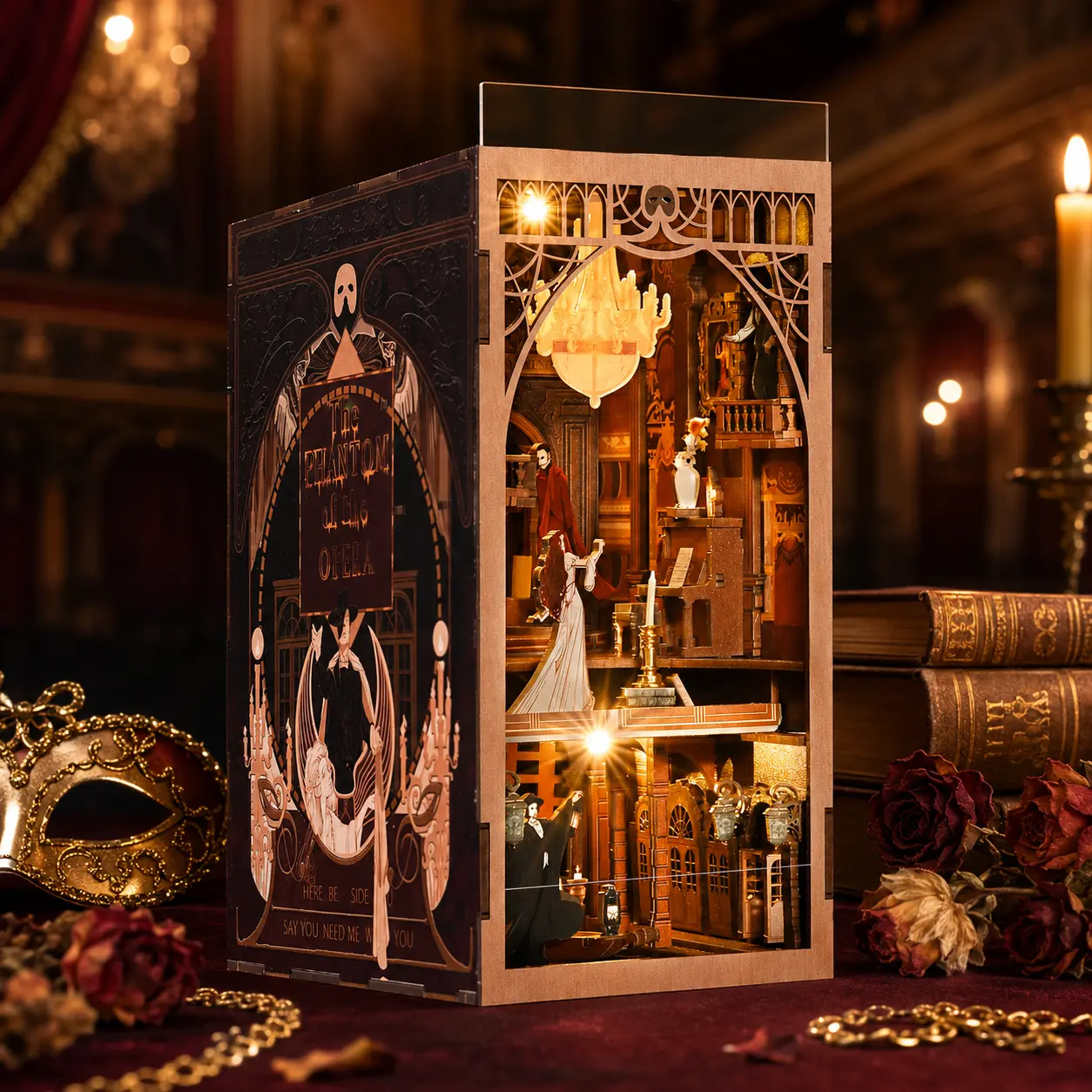 MiniCity The Phantom of the Opera Book Nook Kit,Wooden Book Nook 3D Puzzle Kit，DIY 3D Wooden Puzzle with LED Light, Gothic Opera Theater Bookshelf Insert Dollhouse Decor Craft Gift for Adults