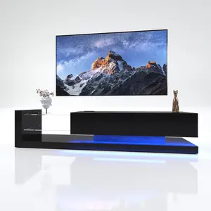 55 65 75 Inch TV Stand with LED Lights, Modern TV Console Stand for 50 60 70 Inch TV with Power Cord, LED Entertainment Center TV Table for Living Room, Black