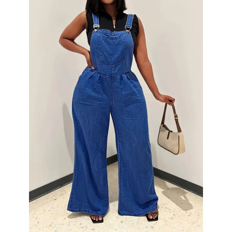 [Lightweight Denim Overalls] Black Lightweight Women's Denim Overalls - Adjustable Straps, Wide Legs, Casual Style, Machine Washable, Non-Stretch Fabric