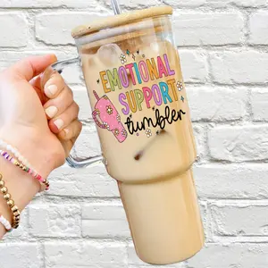 Emotional Support Tumbler Glass Cup with Lid and Straw - Aesthetic Drinkware with Bamboo Lid, Large Iced Coffee Mug