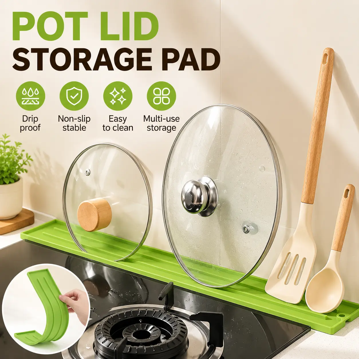 1 Count Pot Lid Storage Mat, Drainable Non-slip Raised Groove Design for Stove Gap Sink Countertop Kitchen Utensil Storage