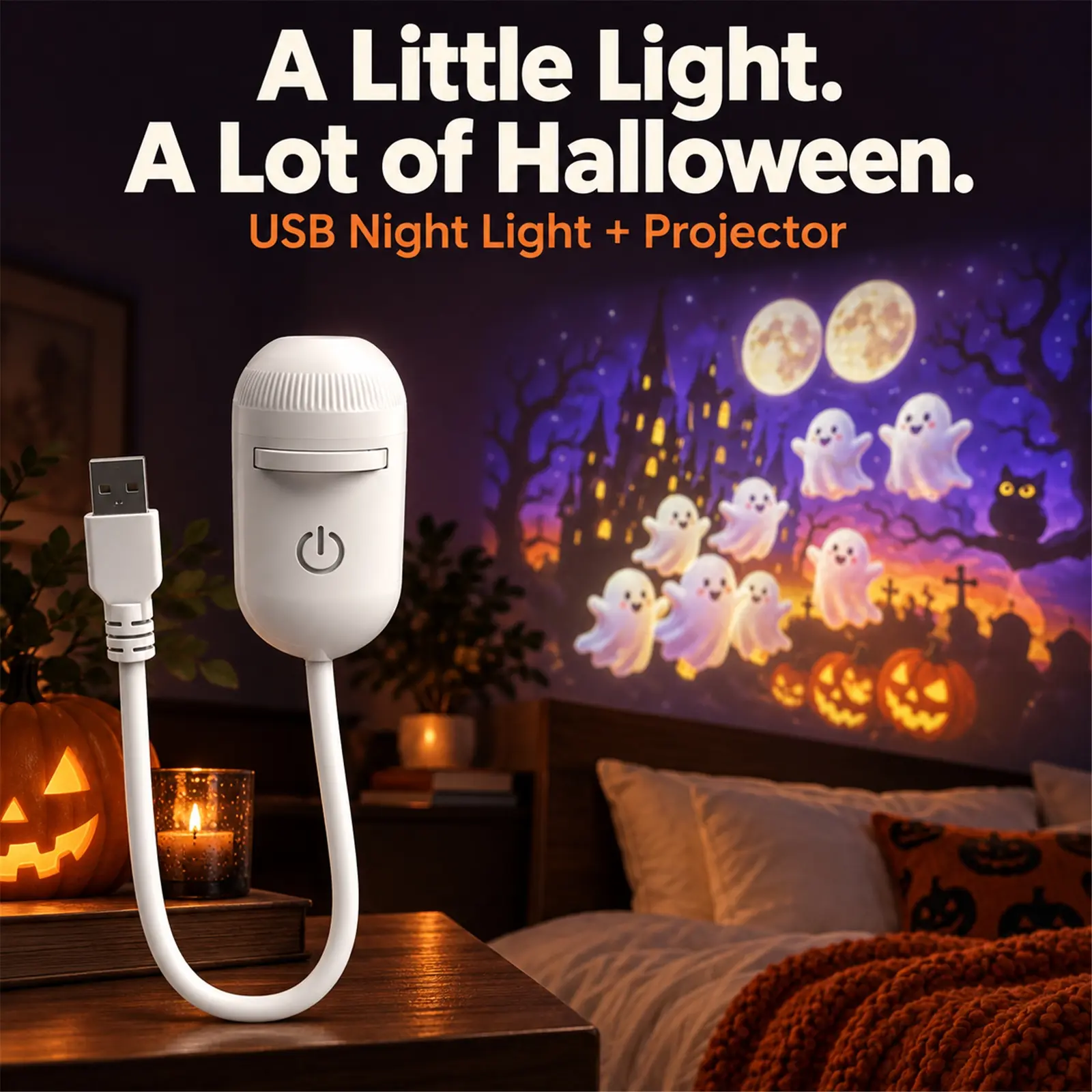 Halloween Projector Night Light, Plug-In Rotating Projector Lamp, 12 interchangeable projection patterns, pumpkin & starry sky design, ambient light for bedroom, kids room, halloween party