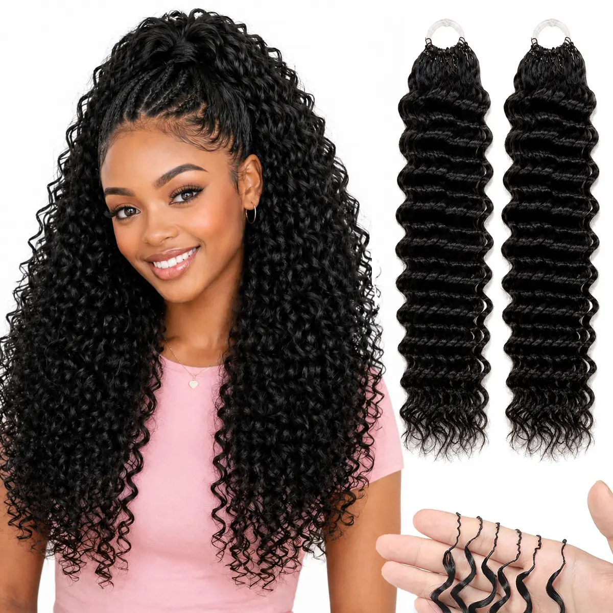 Datanala Deep Wave Curly Crochet Human Hair 60g Knotless Pre-Separated Feather Crochet Human Hair Bundles 18inch Invisible Miracle Knots Reusable Human Crochet Hair For Black Women Natural Black