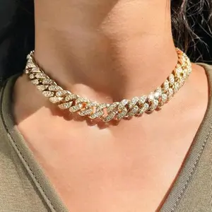 18MM Hip-hop Cuban Chain Full Diamond Zinc Alloy Rhombus Geometric Three-Row Diamond Exaggerated Rap Men's Necklace Iced Out Gold-Plated Figaro autumn new arrival link Set Necklace- Rhinestone Golden Stainless Steel CubanLink gifts women Bold jewelry