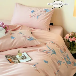 3pcs Elegant Embroidered Orchid Bed Linen Set, Includes Soft Comforter and Pillow Covers, and Breathable for All Seasons