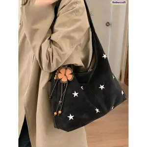 Women's Shoulder Bag - Y2K Aesthetic Star-Embroidered Underarm Hobo Purse, Large-Capacity Magnetic Closure Everyday Handbag with Charm, Lightweight Cute Commuter Bag for Work, Shopping, Purses, Everyday Purse