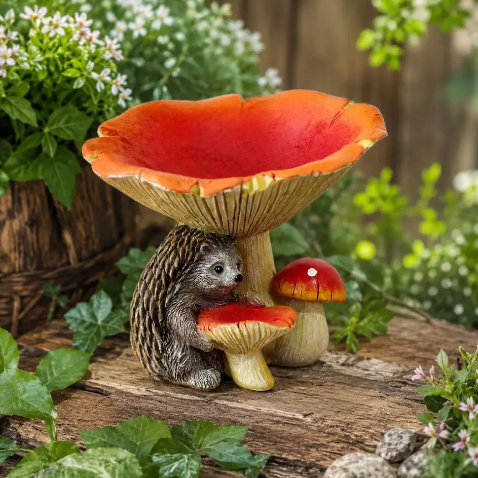 Hedgehog Mushroom Bird Bath Feeder Outdoor Garden Decor Resin Animal Statue Figurine Landscape Decorative Patio Deck Porch Balcony Ornament Whimsical Resin Garden Statue Bird Feeder Featuring Adorable Hedgehog and Toadstool