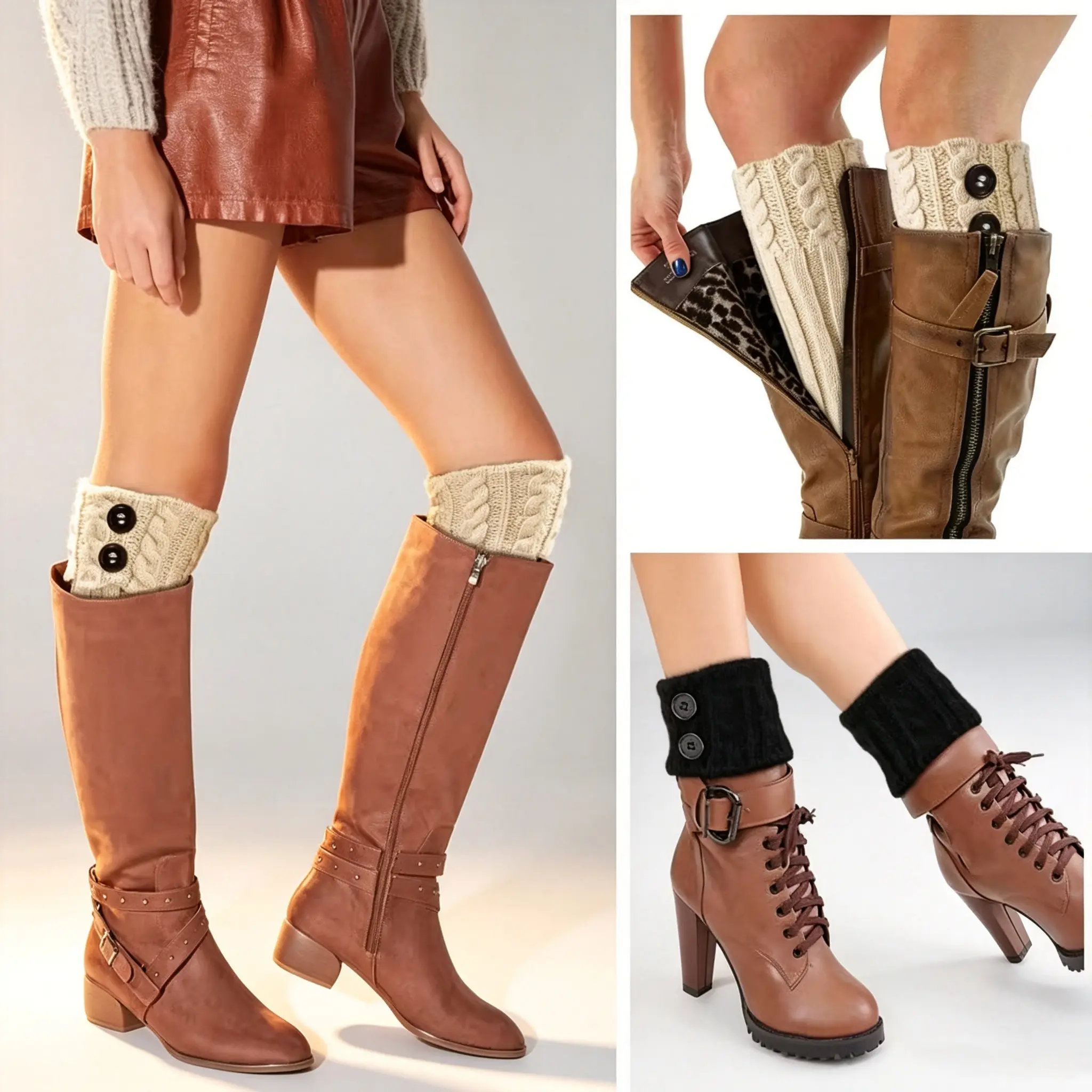4 Pairs Women Winter Cable Knit Button Leg Warmers, Warm Knitted Boot Cuffs Short Foot Covers for Fall Winter Outfits
