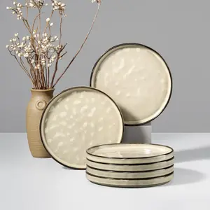 Stoneware Plates Set of 6, 7.9" Salad Plates, Reactive  Ripple Ceramic Dish Set for Appetizer, Dessert, Scratch Resistant, Small Dinner Plate, Microwave and Dishwasher Safe, Saturn Khaki