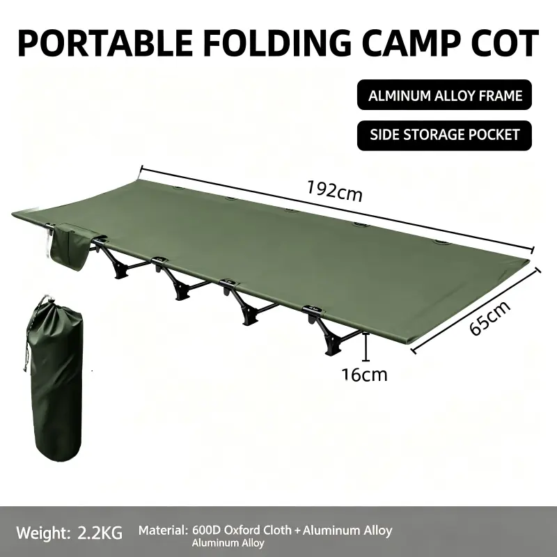 2-in-1 Portable Folding Camping Cot Bed, Heavy Duty Aluminum Frame Foldable Outdoor Sleeping Bed, 600D Thick Waterproof Oxford Cloth Camping Cots with Side Pocket & Storage Bag, Support 150KG for Camping Hiking Travel Backyard
