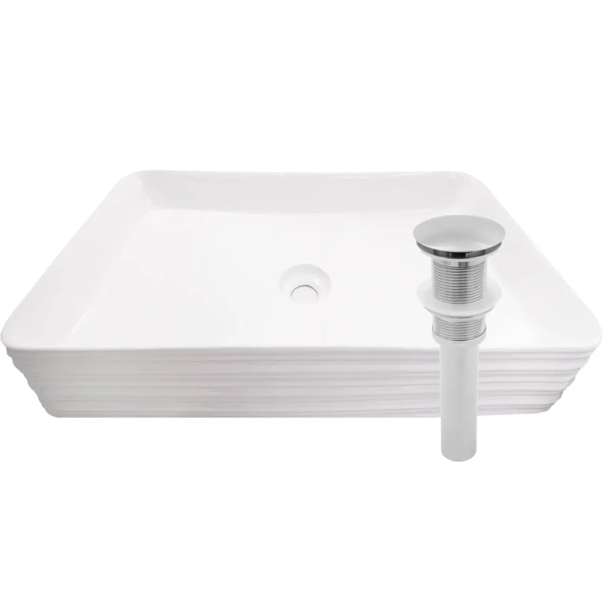 360 Stand Rectangular White Porcelain Grooved Exterior Bathroom Sink, Above Counter, with Brushed Nickel Drain, Easy Cleanup