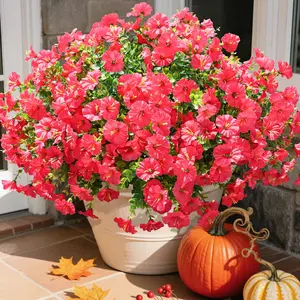 Artificial Decorative Flowers for Outdoor Decor, 12 Bundles Fake Flowers, Faux Hot Morning Glory with Eucalyptus Look, UV Resistant for Garden & Patio, Plastic