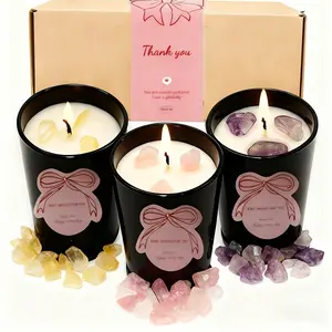 Crystal Aromatherapy Candle Set, Yellow Crystal, Pink Crystal, Amethyst, Rose Aroma, 3-Piece Soy Wax Candle Set, 2.47 oz each, Valentine's Day, holiday gift for loved ones, ladies, and mothers, Floral Scent