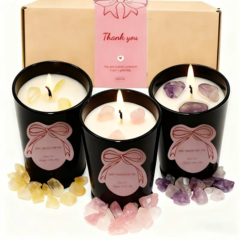Crystal Aromatherapy Candle Set, Yellow Crystal, Pink Crystal, Amethyst, Rose Aroma, 3-Piece Scented Soy Wax Candle Set, 2.47 oz each, Valentine's Day, holiday gift for loved ones, ladies, and mothers, Floral Scent