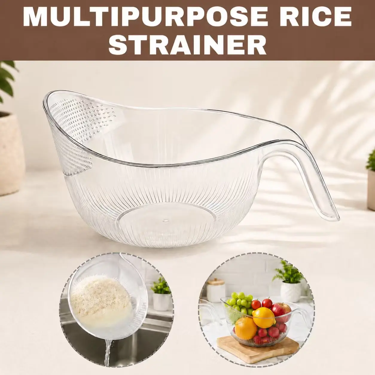Aesthetic Multifunctional Rice Strainer with Handle - Sturdy BPA-Free Transparent Plastic Kitchen Utensils, Colander for Draining Vegetables, Fruits, Cheese, Coffee Dispenser Set