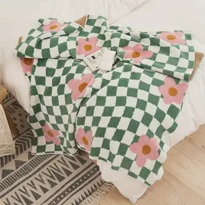 Soft Floral Checkered Knit Throw Blanket All-Season Comfort for Sofa & Bed Cozy Contemporary Style with Pink & Green Patterns - Ideal for Home Decor