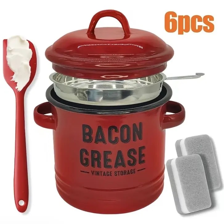 46oz Bacon Grease Container with Strainer -1.3L Large Capacity, With Silicone Spatula, Enamel Bacon Grease Keeper for Bacon Drippings, Farmhouse Red Kitchen Decor Dishwasher Safe